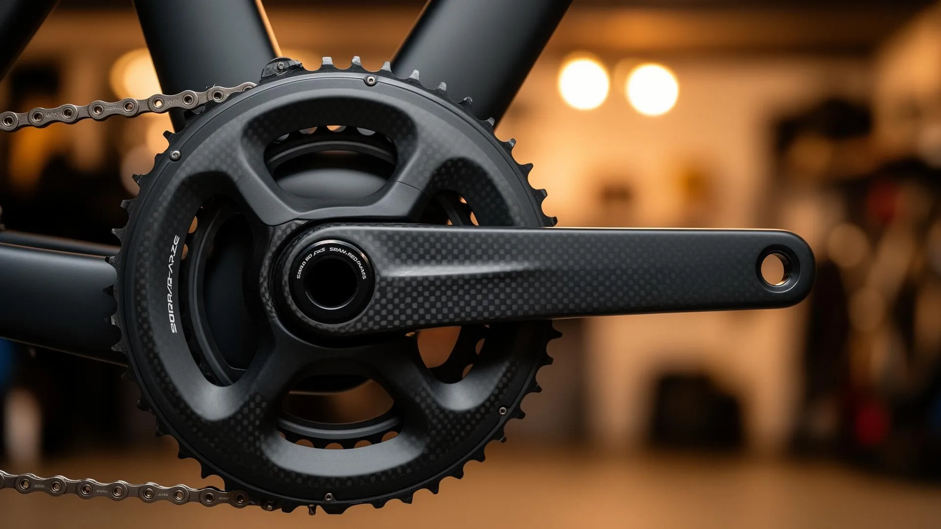 Cyclist with a close-up of the cranks of a road bike, crank length and crank arm length overview