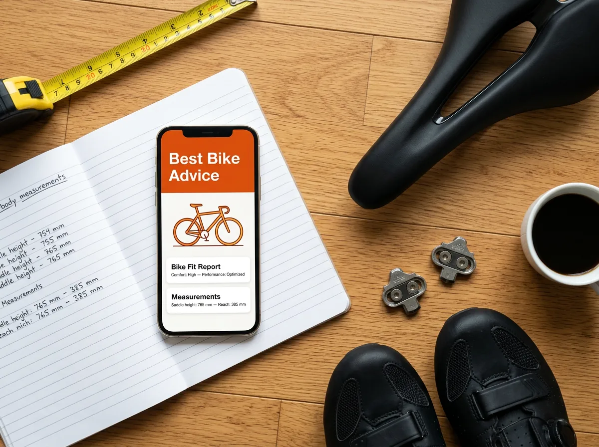 Tape measure, smartphone questionnaire, saddle and cycling shoes laid out for an at-home online bike fit