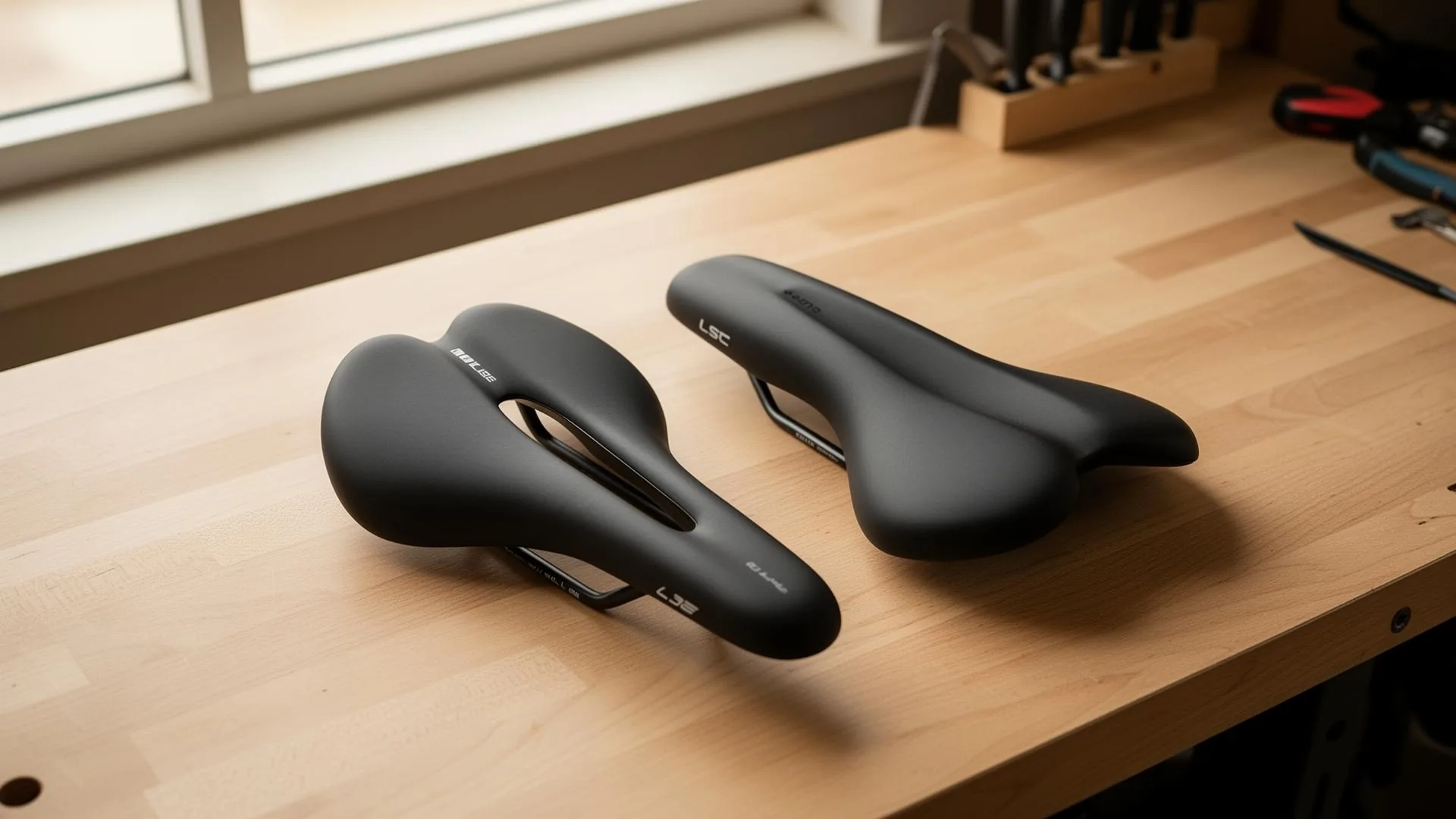 Top view of a road bike saddle showing saddle width measurement